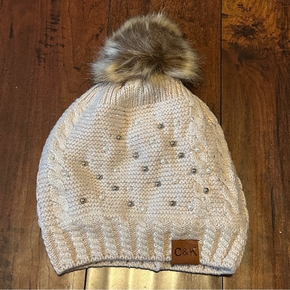 C&K Accessories - C&K fur Sherpa Pom beanie hat with faux pearl embellishment & fleece lining